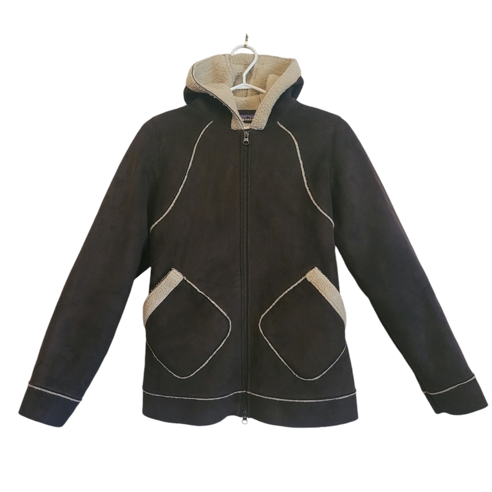 Patagonia Shearling fleece hoody faux suede jacket retro boho,Women's XS